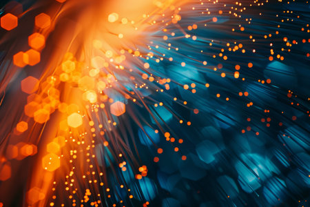 Fiber Optic Data Transfer, Abstract Close-Up in Light Orange and Dark Blueの素材
