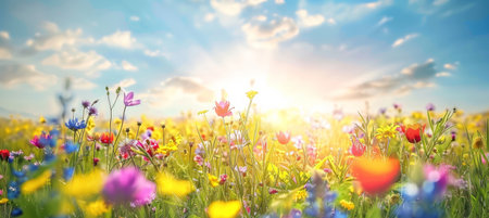 Vibrant Spring Meadow, Colorful Wildflowers Under Sunny Skiesの素材