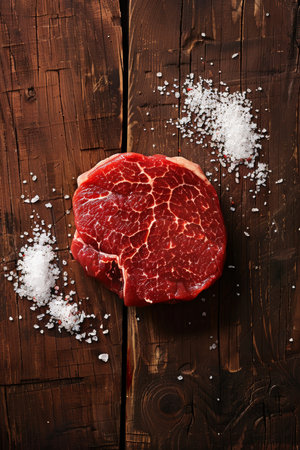 Juicy Beef Steak with Salt - Rustic Wood Tableの素材