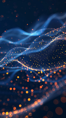 Dark Blue Abstract Background, Glowing Particles and Wavesの素材