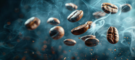 Coffee Beans in Flight Against Dark Backdropの素材