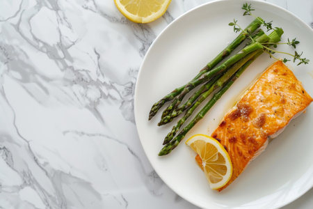 Delicious Fried Salmon Fillet & Asparagus Top Viewの素材