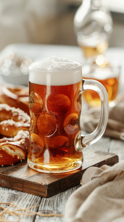 Beer and Pretzel on Bright Wooden Tableの素材