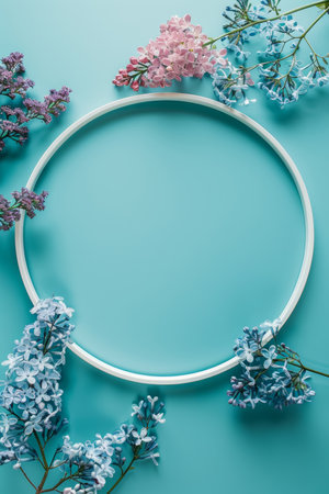 Lilac and Blue Floral Circle Frame on Turquoise Backgroundの素材