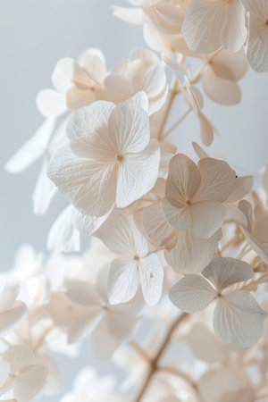 Close-Up of White Hydrangeas on White Backgroundの素材