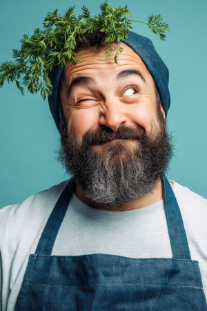 A bearded barista winks with carrot greens sprouting from his eyebrows, metallic foil candy glaze droplets glistening on a soft gradient background. Funky and fun, quirky graphic designs.の素材