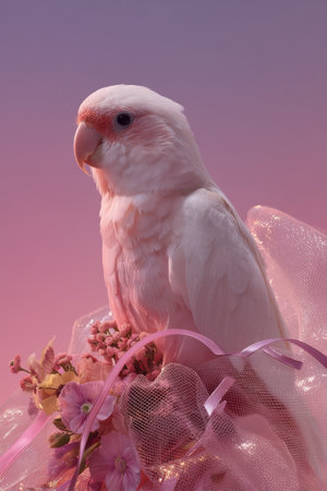 A lively parrot stands with a colorful pizza bouquet, each slice wrapped in soft tulle and tied with shimmering foil cheese ribbons, a birthday celebration. The cheerful scene brings fun and warmth to any gift moment.の素材