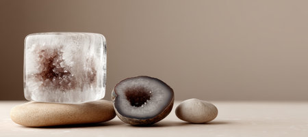 A crystal ice block rests on a warm beige stone, its interior swirling with geode marbling, while a smooth pebble sits nearby, adding quiet elegance to the scene.の素材