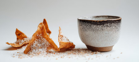 Lime salt crystals sit in a ceramic cup beside corn crisps, with a triangle of geode marbling peeking inside the corn for a touch of natural beauty. A simple, fresh combo for a light snack or a bold twist on a salty treat.の素材