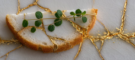 A warm cream stone slab holds a thin slice of flatbread, resting gently on a cracked ceramic tile fixed with delicate gold seams. A hint of basil adds freshness to the rustic texture.の素材