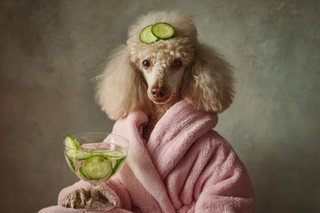 A cute cucumber crowned poodle in a plush robe holds a glass bowl filled with floating cucumber slices, making a sweet and playful birthday gift any celebration.の素材