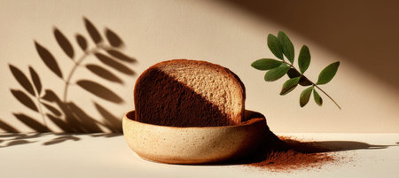 Golden cocoa-dusted toast rests on a ceramic plate, a soft shadow forms a perfect circle beside it, and a fresh leaf sprig adds a touch of nature. Simple, warm, and inviting.の素材
