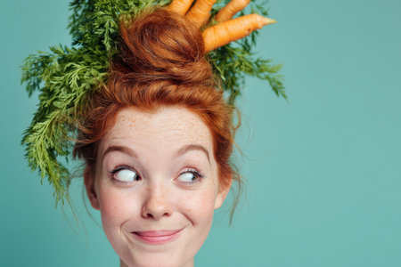 A curly-haired woman winks playfully with a carrot bun crown, celebrating National Carrot Cake Day. Fresh carrots with green tops sit beside her on a simple pedestal, all in a bright lemon and turquoise vibe.の素材
