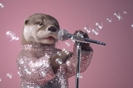 A playful otter singer holds a chrome microphone stand, bubbles floating in a straight line like a digital performance. The scene blends whimsy with tech vibesâa fun, modern tech moment.の素材