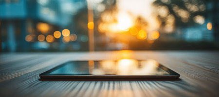 A sleek tablet rests on a wooden table, its surface reflecting a cool blue and warm amber scene. In the frosted glass, a drink of coffee and tea blends together, hinting at calm, mindful moments.の素材