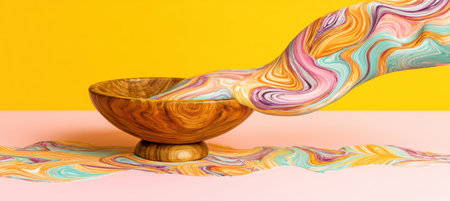 A gilded calabash bowl tips forward, pouring sweet candy icing that flows like a floating river above warm wood. a birthday gift or holiday celebration.の素材