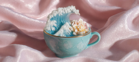 A turquoise ceramic cup holds a frozen ocean wave, rising from the rim and solidifying into a smooth, glossy acrylic effect. The drink looks fresh and inviting, with a cool, reflective surface that catches the light beautifully.の素材