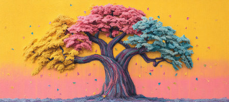 A braided artisan holds a wet glass baobab sprig, its leaves made of tiny papel picado flags fluttering upwardâ a birthday gift or celebration present.の素材