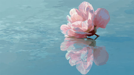 A delicate petal floats on still water, creating a clear reflection beneath it like a mirror. The calm surface glows softly, capturing light with a quiet elegance.の素材