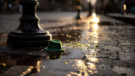 Dusk settles over a quiet street as golden light spills from a cast iron streetlight pole, casting a warm glow on wet cobblestones. A green hat sits just below the base, blending into the quiet hum of the evening.の素材