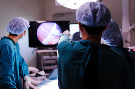 group of veterinarian doctor in operation room for laparoの写真素材