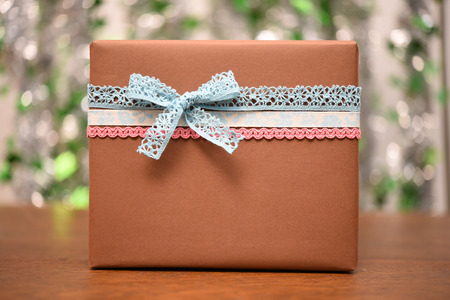 gift box on wooden .の写真素材