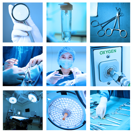 mix of equipment and medical in operating room with blue filterの写真素材
