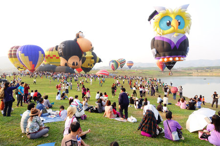 CHIANG RAI, THAILAND FEBRUARY 13, 2016:Singha Park International Balloon Fiesta 2016, take place between February 10th and 14th at Singha Park ,Chiang Rai province ,Thailand.のeditorial素材