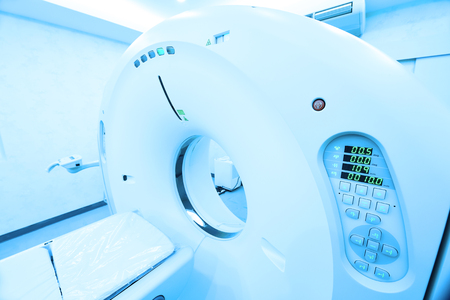 CT scanner room in hospital take with art lighting and blue filterの写真素材