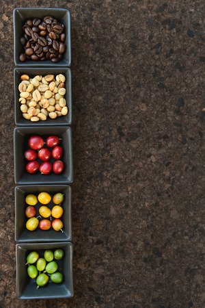 Coffee beans and fresh berries beans backgroundの写真素材
