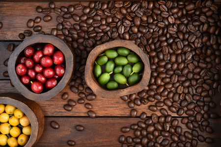 Coffee beans and fresh berries beans on wooden backgroundの写真素材