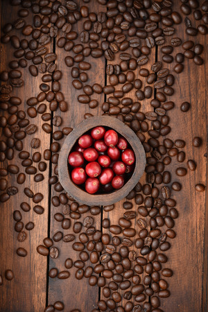 Coffee beans and fresh berries beans on wooden backgroundの写真素材