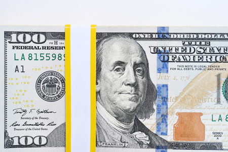 close up of banknote isolated on white backgroundの写真素材
