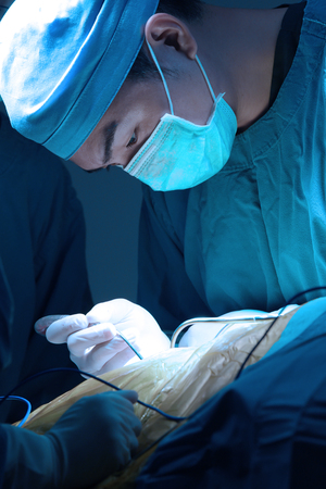 veterinarian surgery in operation room take with art lighting and blue filterの写真素材