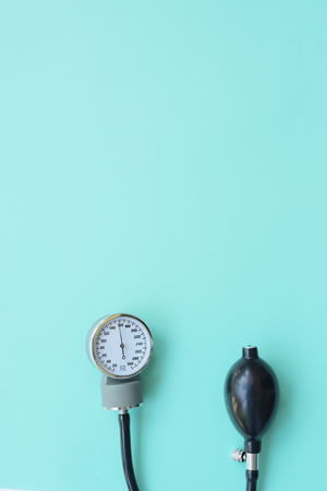 Blood pressure meter medical equipment on blue backgroundの写真素材