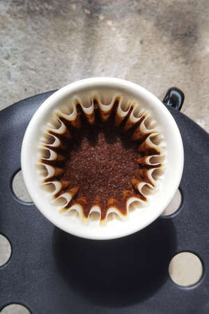 Close up of pour-over coffee in the dripper.の写真素材