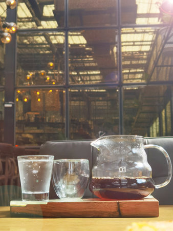 close up of a cup of coffee on table in cafeの写真素材