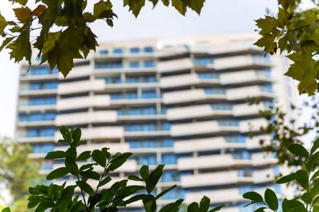 The facade of a beautiful modern building with balconies and blue windows through the framing green foliage of trees. Urban landscapeの写真素材