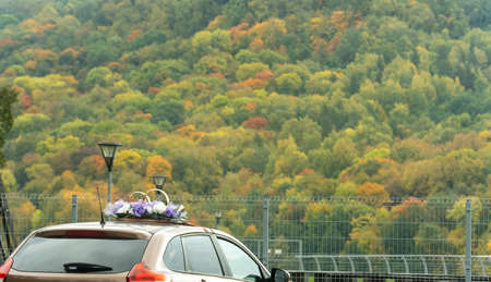 A new modern car with wedding rings and a bouquet of flowers on the roof, stands at the wire fence that limits the territory, against the background of an autumn forestの写真素材