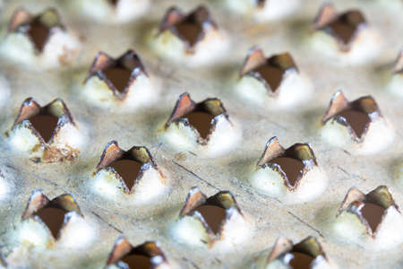 View of the sharp corners of the holes of one of the surfaces of a stainless steel metal grater for cooking and chopping foodの写真素材