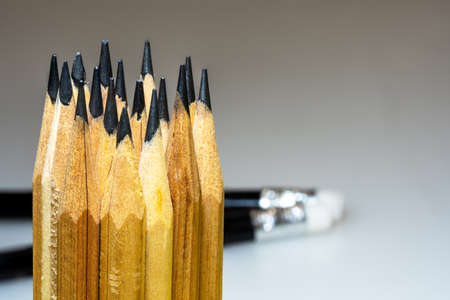 A view of a bunch of several simple, sharply sharpened pencils standing vertically, two lying horizontally with a washing elastic band, on a gray background with free space for copying, design or textの写真素材