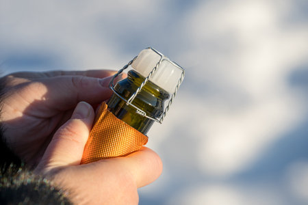A close-up view of women's hands opening the cork in a champagne bottle in winter. The background is...