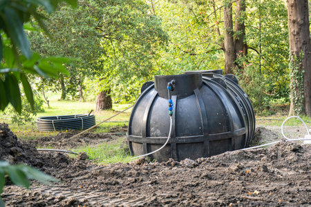 View of a large black plastic tank for storing fresh water for irrigation, prepared for arrangement in a green summer gardenの写真素材