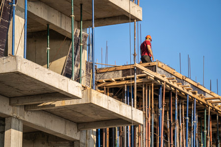 View of the construction of a modern house made of concrete and rebar, a forest, a builder in a helmet against the blue sky on a sunny day. The concept of industry and technologyの写真素材