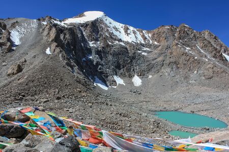 Beginning of trekking kora around mountain Kailash Day 1 pilgrimage route near Darchen, Tibet, Asiaの写真素材