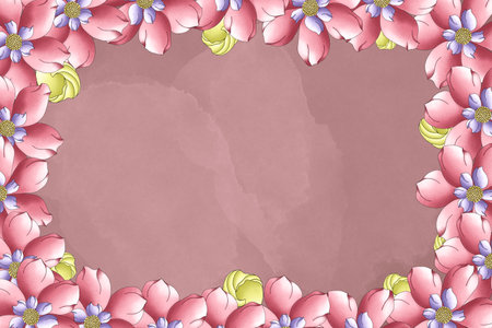 Floral frame with pink flowers on grunge background. illustration.の写真素材