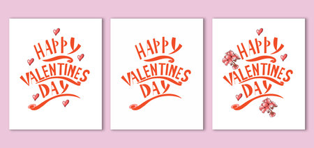 set of three cards for February 14, romantic inscriptions for Valentine's Day, inscription print with heartsの写真素材