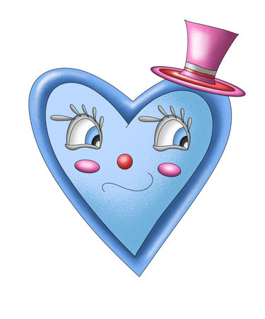 Blue heart with a pink top hat and eyes on a white backgroundの写真素材