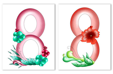 International Women's Day, illustration, greeting cards for mothers, grandmothers, women, girls. Spring. Template for cards, print, design. March 8, hand drawn decorative elementsの写真素材