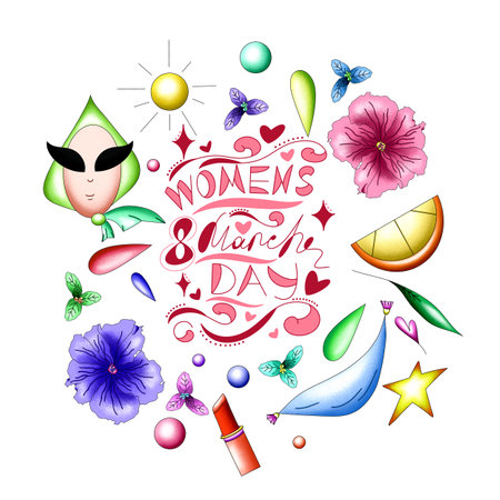 isolated hand-drawn objects, a set of elements for Women's Day, protection of women's rightsの写真素材